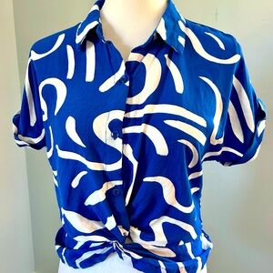 Sunburst Kiss Stylish Women’s lrg Blue and White Button Down Cropped style Shirt